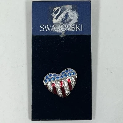 Swarovski American Flag Heart Pin Tie Tack Red White Blue Crystal Silver NWT - Image 1 of 2