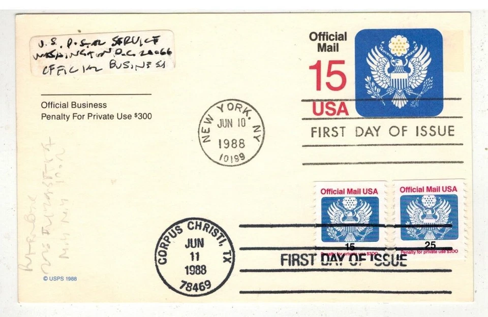 1988 OFFICIAL MAIL 15c POSTAL CARD TRIPLE FDC & 15/25C COIL STAMPS COLLECTOR MAD - Image 1 of 1