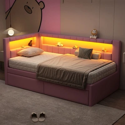 Cama Plataforma Tapizada Doble Tamaño con Puertos USB y Cinturón LED, Con 2 Cajones, Foto 1 de 4