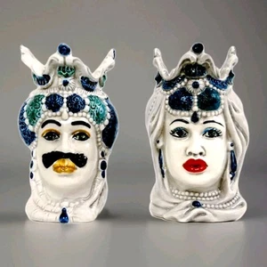 Ceramiche Caltagirone Pair of Sicilian Moor Heads Handmade Ceramic H 13 - Picture 1 of 5