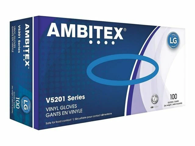 Ambitex VLG5201 Vinyl Gloves, Size L - 100 Count