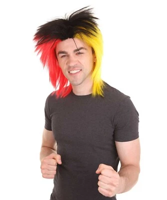 Sport Party 80's Mullet Wig, Red Yellow Black Wig Adult ,HM-502A - Image 1 of 4