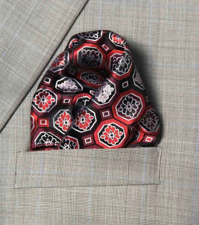 Gascoigne Pocket Square Fancy Geometric Red Brown White Men's - Image 1 of 1