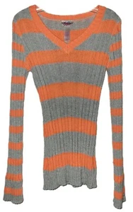 Justice Orange & Gray Striped Sparkle Pullover V-neck Sweater Girl's Size 7 - Picture 1 of 6