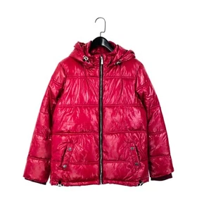 Next Berry Red Full Zip Hooded Padded Vinyl Puffer Jacket - Size 14Y - Picture 1 of 12