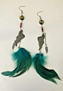 Handmade Long Swarovski Rivoli Crystal Angel Feather Wing Dangle Earrings - Picture 1 of 6