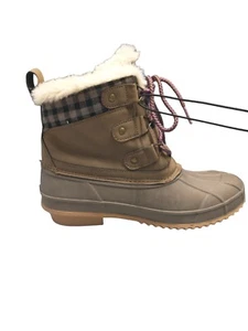 Khombu Snow Boots Womens Size 7 Gray Brown Fur Trim Waterproof Rubber Lace Up - Picture 1 of 16