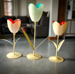 Tea Lights Frosted Glass/Metal Tulip Flower Candleholders Set of Three - Picture 1 of 12