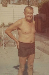 1970s Handsome Sexy Old Man Shirtless Swim Trunks Poolside Patio Portrait - Picture 1 of 3