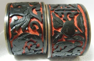 Antiker 2 Zinnober Lack Serviettenring handgeschnitzt schwarz bis rot Emaille Vögel - Bild 1 von 5