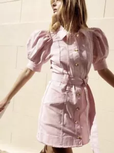 Aje Denim Puff Sleeve Mini Dress Pink Flora Size AU 8 US 4 Belted Short Sleeves - Picture 1 of 16