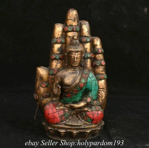 9,4 Zoll alte tibetische Bronze Inlay Edelsteine Buddha Hand Shakyamuni Amitabha Statue - Bild 1 von 9