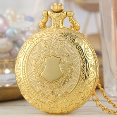 Gold Shield Case Men's Quartz Analog Pocket Watch with Chain Luxury Gifts - Image 1 of 4