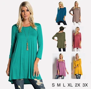 Women Basic 3/4 Sleeve Tunic Round Neck Top Draped Dress Tee Shirt Plus Size USA - Picture 1 of 20