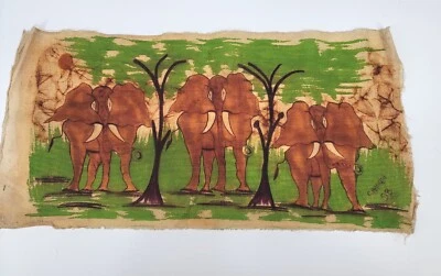 Vintage African Batik Original Art Beautiful Elephant Family Eating -Signed  - Image 1 of 4
