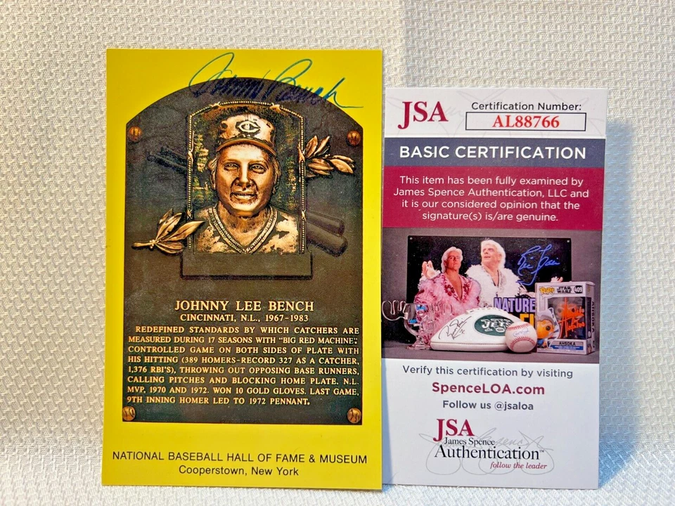 Johnny Bench Signed Autographed Gold Hall of Fame Plaque HOF Postcard Card - Image 1 of 2