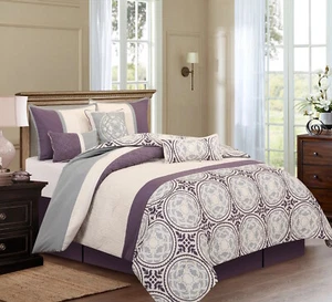 Purple Gray Grey Ivory Medallion Quilted 7 pc Comforter Set Queen Cal King Bed - Picture 1 of 6