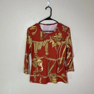 J. McLaughlin Top Mujer Pequeña Camisa de Tela Catalina Naranja Dorado Estampado de Cadena LS Foto 1 de 4