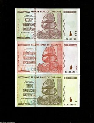 ZIMBABWE 10 20 50 Trillion Dollars 2008 UNC Currency Money AA 100 Trillion Serie - Image 1 of 3