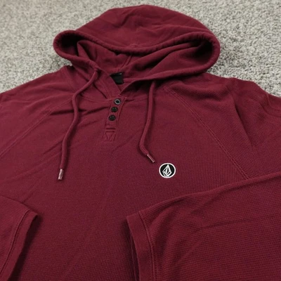Volcom Hoodie Mens L Red Pullover Waffle Knit Hooded Henley Skate Surf Y2K 00s - Image 1 of 4