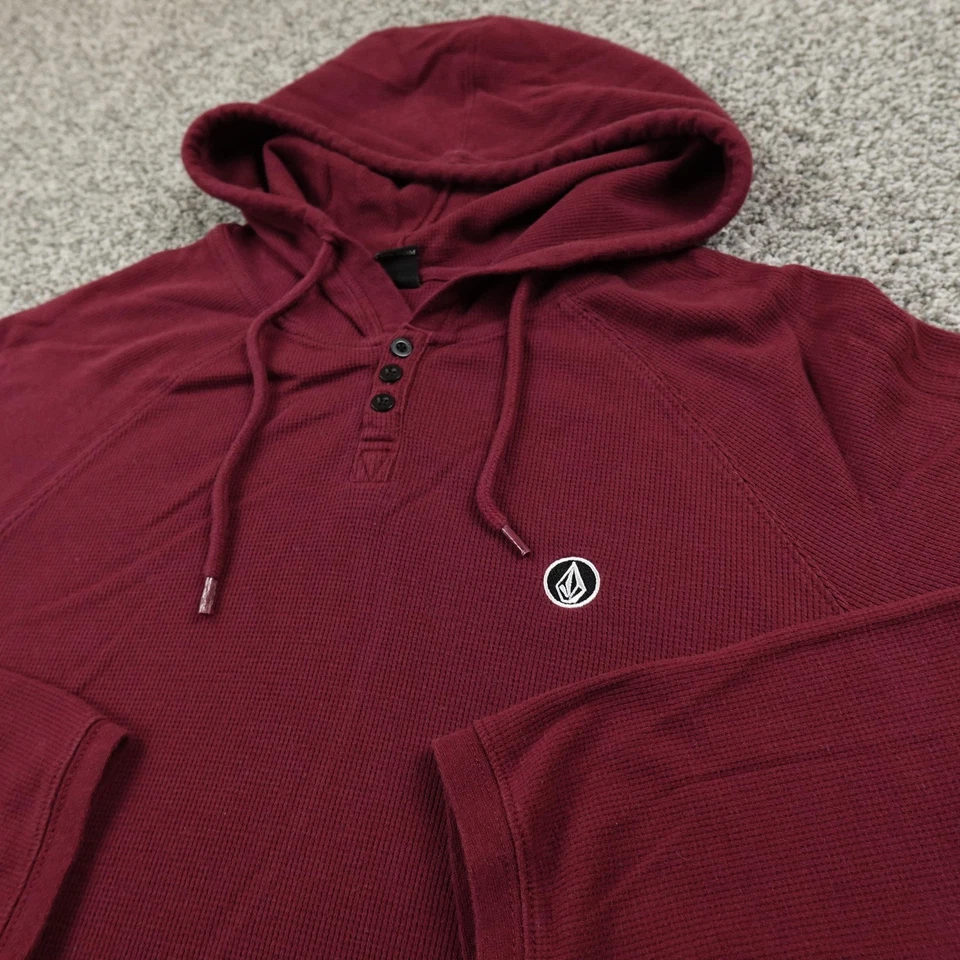 Volcom Hoodie Mens L Red Pullover Waffle Knit Hooded Henley Skate Surf Y2K 00s - Image 1 of 4