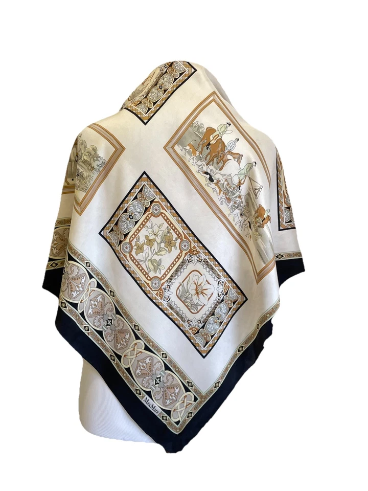 AS9# Max Mara Bufanda de Seda Italia Ecuestre Barroco Estampado Mantón Cuadrado Beige Negro Foto 1 de 4