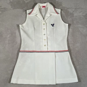 Vintage 70s Tennis Dress Women's Size Medium White Striped Distressed Polyester - Picture 1 of 15