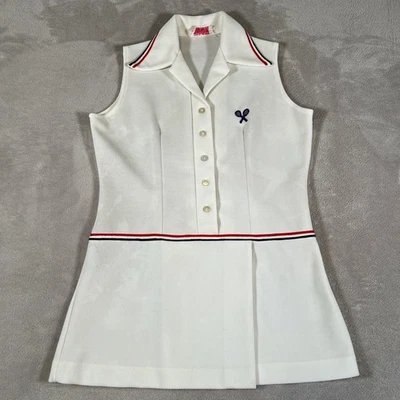 Vintage 70s Tennis Dress Women's Size Medium White Striped Distressed Polyester - Image 1 of 4