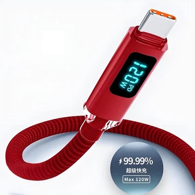 Digital Display USB A to Type C Cable 120W Fast Charger Braided USB-C Lead 1m~2m - Image 1 of 4