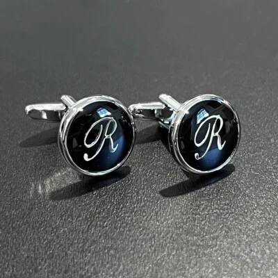 Black Round Name Initial Alphabet Letter Cufflinks Men Birthday Father’s Day Gif - Image 1 of 4