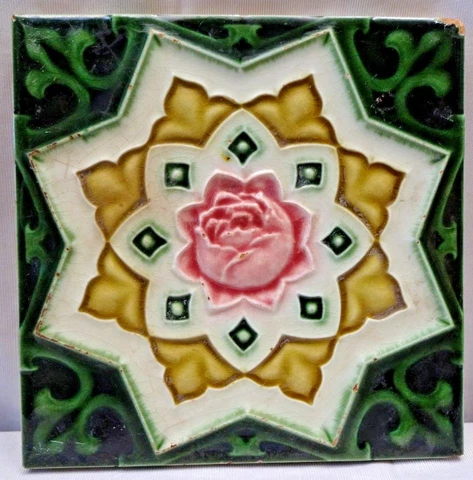 Antique Tile Majolica England Art Deco Style Ceramic Star Geometric Design #222 Cover