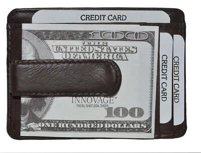 Black Genuine Cowhide Leather Money Clip Men's Thin Wallet ID Badge Credit Card - Image 1 of 4