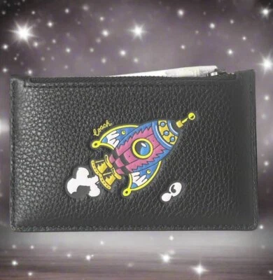 Coach Cosmic Coach Zip Card Case Rocket Ship Space CW222 Black Leather Wallet - Image 1 of 4
