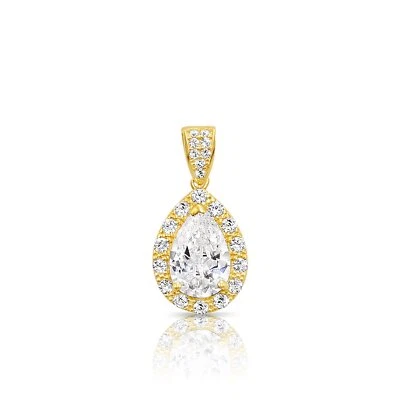 14K Real Solid Yellow Gold Pear-Cut Teardrop Halo CZ Pendant Charm Necklace 18in - Image 1 of 4