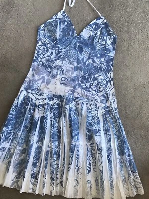 FIRETRAP White & Blue Embroidered Cotton Halterneck Summer Dress UK MED 12 - Image 1 of 4