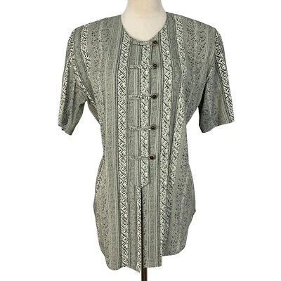 Vintage Pride & Joy Asian Style Button Down Top Geometric Print Blouse Petite 12 - Image 1 of 4