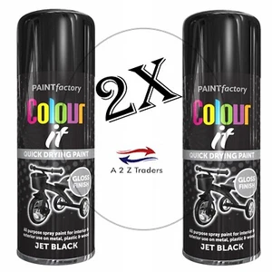 2 x 400 ml Color It Jet Negro Brillo Spray Hogar Coche Furgoneta Bicicleta Aerosol Pintura - Imagen 1 de 2