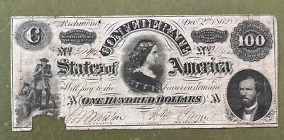 Confederate $100 Note T49, Criswell #347, December 2, 1862 - Image 1 of 2