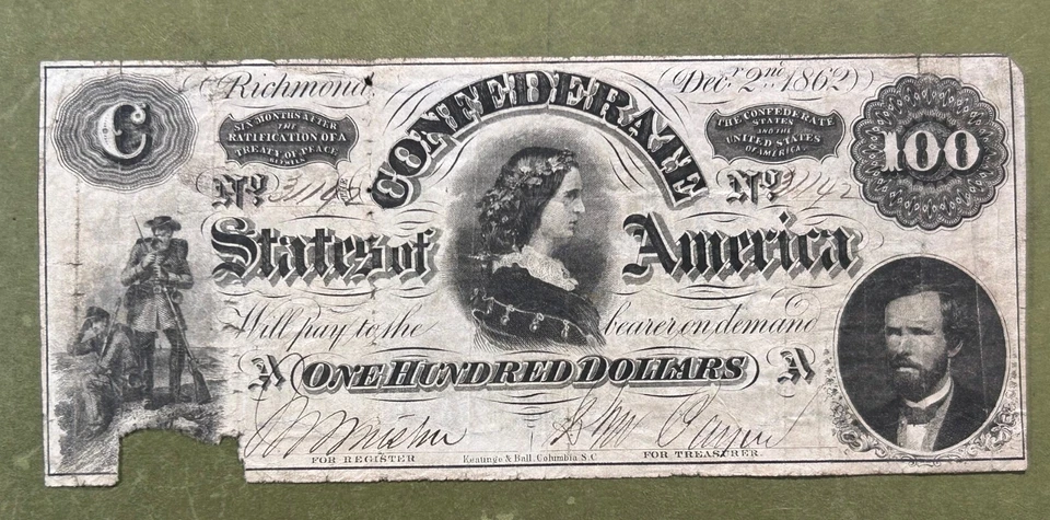 Confederate $100 Note T49, Criswell #347, December 2, 1862 - Image 1 of 2