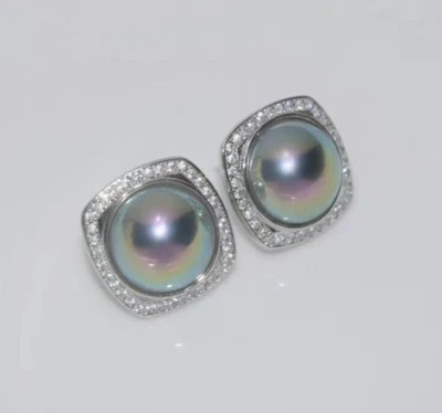 SeaShell MABE Gray Pearl Square Stud Earrings White Gold Plate - Image 1 of 3