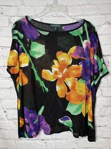 Lauren Ralph Lauren Dolman Pullover Blouse Shirt 100% Linen Black Floral Sz XS - Picture 1 of 8