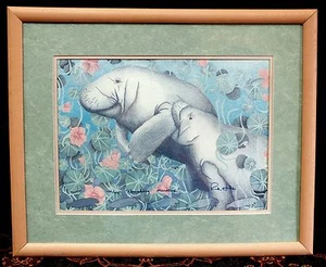 Litografía arte impresión enmarcada firmada edición limitada de Rick Hills Vanishing Manatees - Imagen 1 de 6