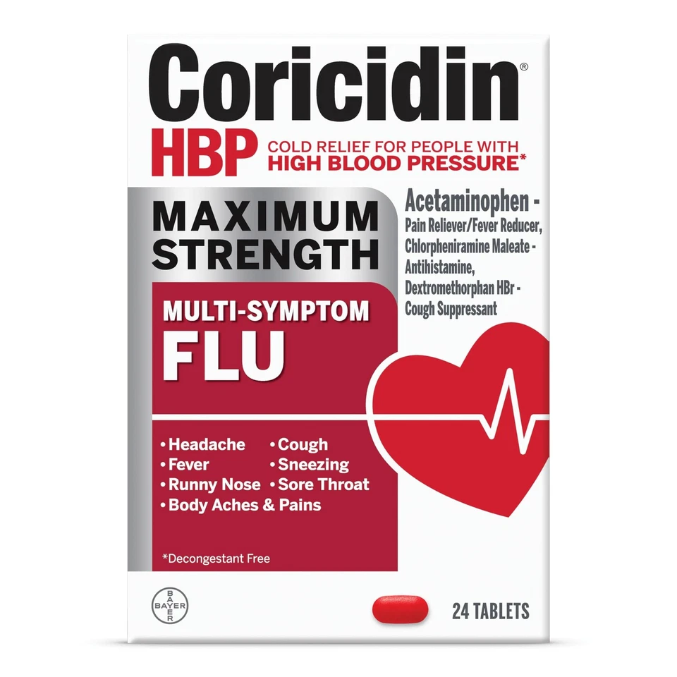 Coricidin HBP Multi -Symptom Flu and Cold Relief Tablets - 24 Pieces