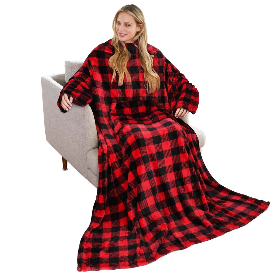 Wearable Blanket With Sleeves Soft Fleece Snuggie Robe Wrap for Sofa Couch TV