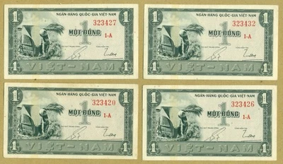 Vietnam South 1955 1 Dong P. 11a, lot of 4 notes, high grade. B - Image 1 of 2