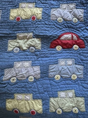 Pottery Barn Kids Vintage Cars Quilt Twin Blue Red Boys Bedroom Quilt - Image 1 of 4