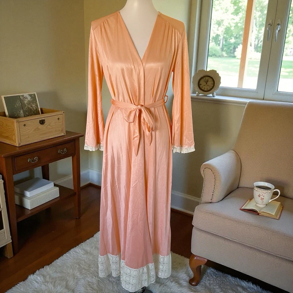 Vtg Lace Trim Robe Womens L Long Sleeve Nylon Elegant Lingerie Orange Coral Belt - Image 1 of 4
