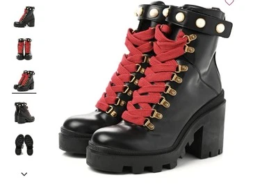 Gucci Women 7 US 37 EU Black Calfskin Pearl Lace Up Combat Boots Heel Shoes - Image 1 of 4