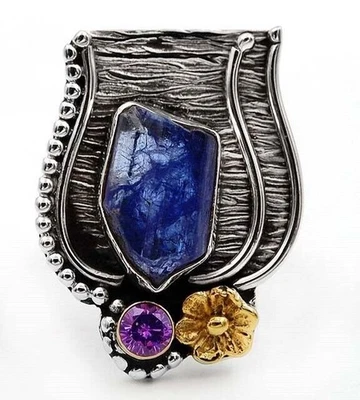 Двухцветное кольцо из стерлингового серебра 925 пробы с натуральным необработанным кианитом и аметистом размер 6,5  - Изображение 1 из 2