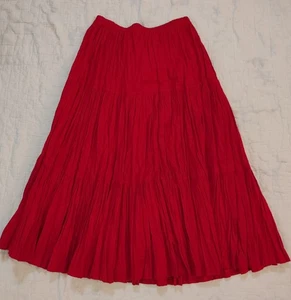 Red Broomskirt Accordian Pleated Elastic Waist Homemade Peasant Womens Skirt - Picture 1 of 7